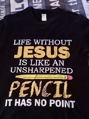 Kids Black Short-Sleeve Tee with Gold 'Jesus' Pencil Graphic